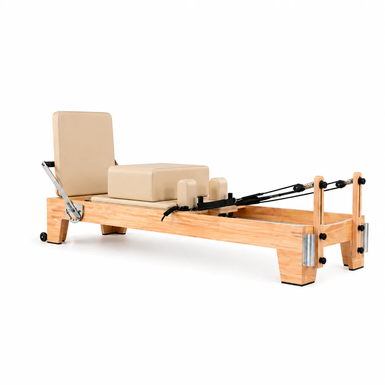 Alaya Oak Wood Reformer Pilates machine, showing the full frame and upholstered carriage